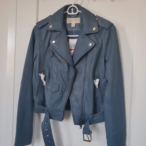 NEW Michael Kors Blue Lamb Motorcycle Jacket XS - Picture 3 of 11